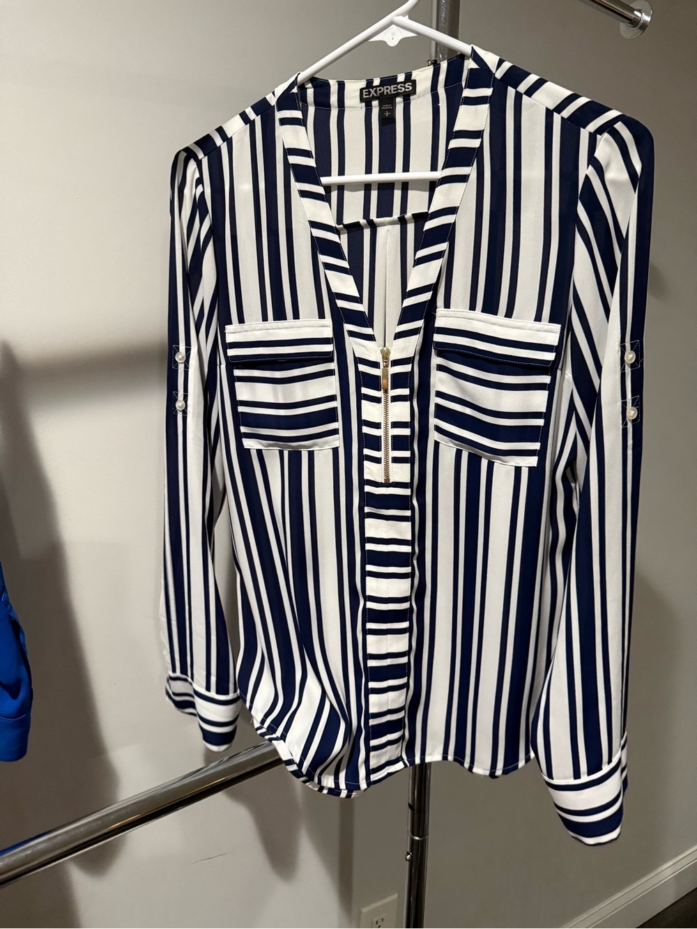 Express Navy and White Vertical Stripe Zip Blouse